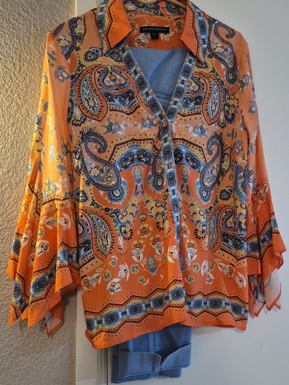Boston Proper Paisley V-Neck Bell-Sleeve Blouse & Blue Ankle Pants Outfit